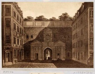 Blatt 57 aus "Dresdens Festungswerke im Jahre 1811" vor der Demolierung: Das Pirnaische Tor von Westen aus der Landhausstraße