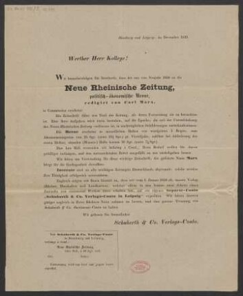 Fortsetzungsbenachrichtigung der Neuen Rheinischen Zeitung