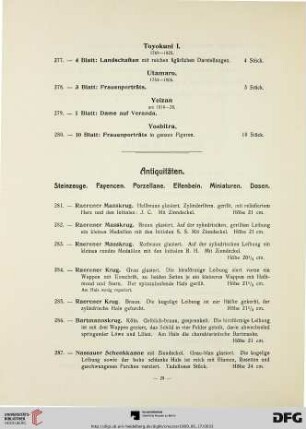 Antiquitäten. Steinzeuge. Fayencen. Porzellane. Elfenbein. Miniaturen. Dosen (Nr. 281-379)