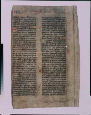 Textseite der 42zeiligen Bibel : Biblia. Blatt 2v (fol. 26v) der 42zeiligen Bibel. Mainz: J. Gutenberg, um 1452/1455. Dreifarbendruck auf Pergament, ca. 36,5 x 24,5 cm; Dresden: SLUB Ink.1068