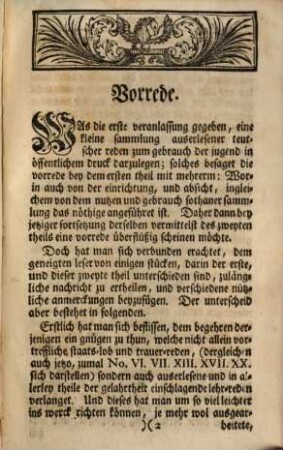 Sammlung Auserlesener Reden, Welche Als Kern-Proben und galante Exempel der Teutschen Beredsamkeit Den Liebhabern zum Vergnügen und der Jugend zur Nachahmung vorgeleget werden : Nebst nützlichem Register, 2