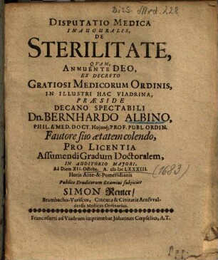 Disputatio Medica Inauguralis, De Sterilitate