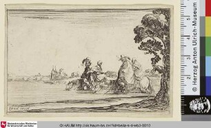 Zwei Reiter und zwei Frauen die zu Pferd einen Fluss überqueren