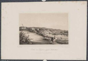 Die Wiese unterhalb des Waldschlösschens bei Dresden vom rechten Elbufer nach Osten, Blick auf Bautzner Straße, Waldschlösschen, Villa Elysium, Albrechtsschlössern, Elbe und Schiffen sowie dem Ausflugsrestaurant Antons in Johannstadt