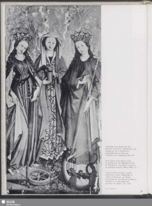 Altarflügel aus Bizau mit der heiligen Katharina, Magdalena und Margarete im Vorarlberger Landesmuseum in Bregenz. Tempera auf Tannenholz um 1470