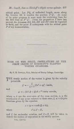 Note on the small oscillations of the first order of Kirchoff's elliptic vortex cylinder.