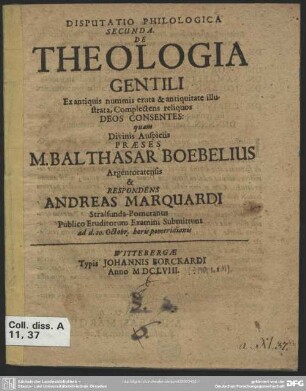 2: Disputatio philologica ... de theologia gentili : ex antiquis nummis eruta & antiquitate illustrata, complectens potissimum vestam & jovem