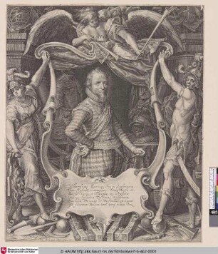 Illustrisimus Mauritius Princeps Aransionensium Comes Nassauiae, Cattimeliboey, Viandae, Moersae. etc. Marchio Veriae et Filissingae. etc. Praefectus Geldriae, Hollandiae, Zelandiae, Westfrisiae, Zutphania, Traiectinae et Transisalanae. etc. Summus per federatum Belgium terra marique militiae Dux