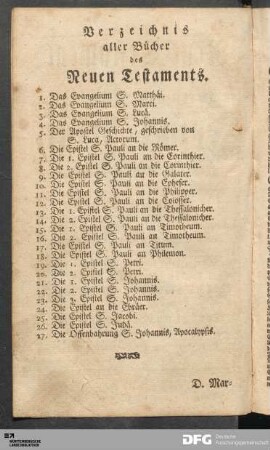 Verzeichnis aller Bücher des Neuen Testaments.