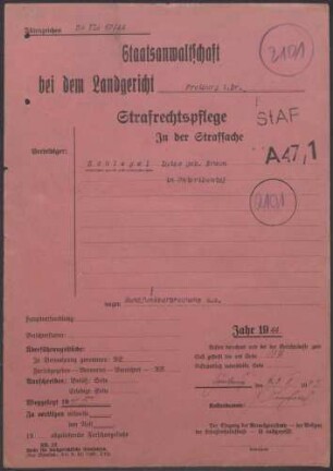Angeklagte: Schlegel, Luise; Unteribental *10.06.1906 in Freiburg im Breisgau; + ? Delikt: Rundfunkverbrechen Diebstahl Tatort: Unteribental Tatzeit: Juli 1944