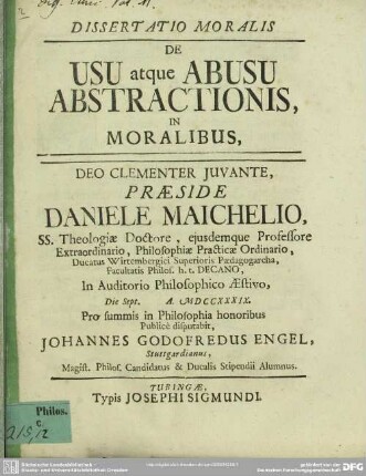 Dissertatio Moralis De Usu atque Abusu Abstractionis, In Moralibus