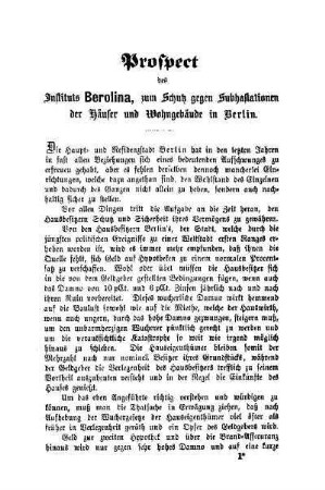 Prospect des Instituts Berolina, zum Schutz gegen Subhastationen der Häuser und Wohngebäude in Berlin