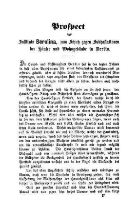 Prospect des Instituts Berolina, zum Schutz gegen Subhastationen der Häuser und Wohngebäude in Berlin