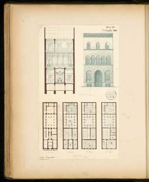 Bürgerliches Einfamilienwohnhaus Monatskonkurrenz August 1874: Grundriss Keller, Erdgeschoss, 1. und 2. Obergeschoss 1:200, Aufriss Vorderansicht, Querschnitt 1:100