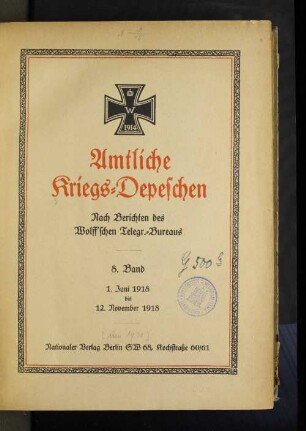8.1918: Amtliche Kriegs-Depeschen