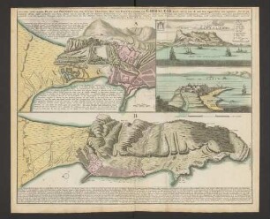Neuester und exacter Plan und Prospect von der Stadt, Vestung, Bay und Fortification von Gibraltar : theils, wie es Lit. A. mit den Approchen der Spanier, die sie im letztern Krieg dafür gemacht, zu sehen, theils wie es Lit. B. seit der letztern Belagerung 1727, von den Engelländern zu besserer Sicherheit mit neuen Fortifications-Werckern vermehrt, und fast unüberwindlich gemacht, von den Spaniern hingegen gegen die Land-Seyte zu bey etlichen Jahren her mit neuen Linien eingeschlossen worden