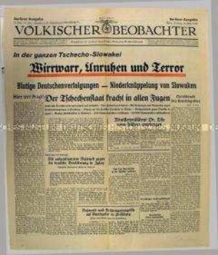 Titelblatt der Tageszeitung "Völkischer Beobachter" mit scharfer Polemik gegen die Tschechoslowakei zur propagandistischen Vorbereitung der Annexion
