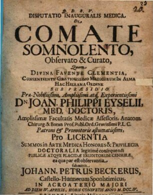 Disp. inaug. med. de comate somnolento, observato et curato