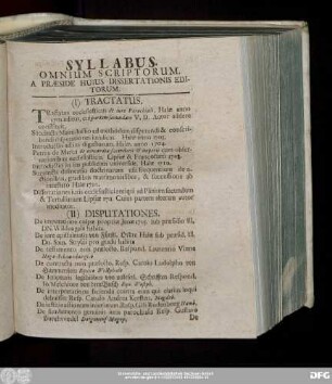 Syllabus. Omnium Scriptorum. A Praeside Huius Dissertationis Editorum.