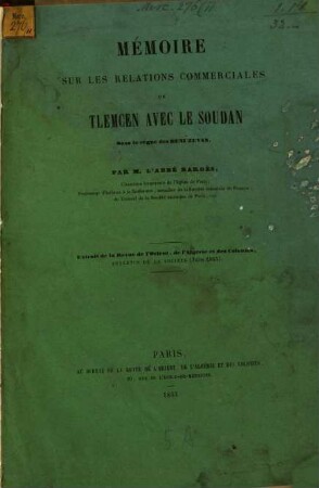 Mémoire sur les relations commerciales de Tlemcen avec le Soudan sous le règne les Beni Zeyan