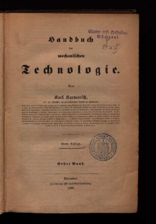 Bd. 1: Handbuch der mechanischen Technologie