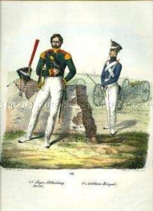Uniformdarstellung, Hornist der 4. Jäger-Abteilung, Artillerist der 4. Artillerie-Brigade und Geschütz, Preußen 1830. Aus: Elzholz u.a.: Das Preussische Heer. Tafel 42.