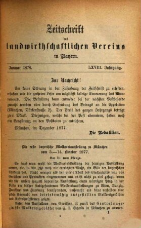 Zeitschrift des Landwirthschaftlichen Vereins in Bayern : zugl. Organ d. Agrikultur-Chemischen Versuchsstationen Bayerns. 68 = N.F., Bd. 12. 1878