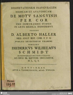 Dissertationem Inauguralem Medicam Et Anatomicam De Motu Sanguinis Per Cor