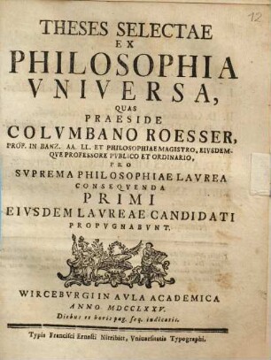 Theses Selectae Ex Philosophia Vniversa