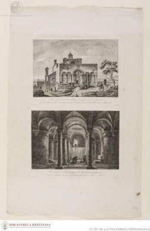 Blatt mit zwei Drucken; oben: Die Kirche der Kapuziner in Siponto; unten: Blick in eine unterirdische Kapelle in Siponto