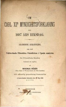 Om Carl XIIs myndighetsförklaring och 1679 års riksdag : (Doctordissertation)