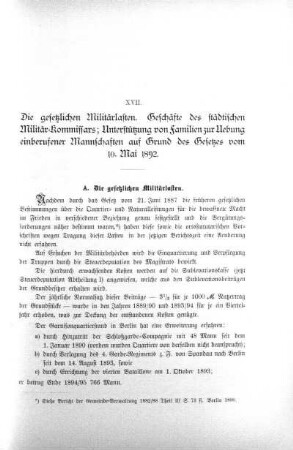 XVII. Die gesetzlichen Militärlasten Geschäfte des städtischen Militär-Kommissars