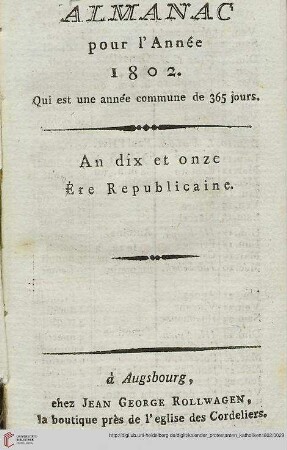 Almanac pour l'Année 1802