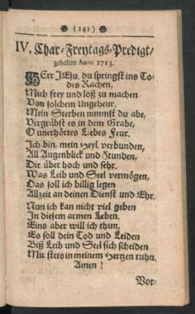 IV. Char-Freytags-Predigt, gehalten Anno 1713.