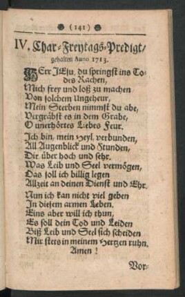 IV. Char-Freytags-Predigt, gehalten Anno 1713.