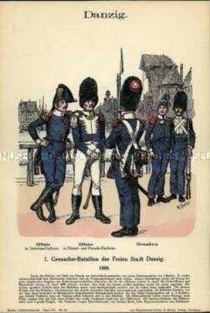 Uniformdarstellung, Offiziere und Grenadiere des 1. Grenadier-Bataillons, Stadt Danzig, 1808.