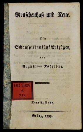 Menschenhaß und Reue : Ein Schauspiel in fünf Aufzügen