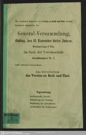 Statuten des Vereins zu Rath und That in Dresden : Entwurf