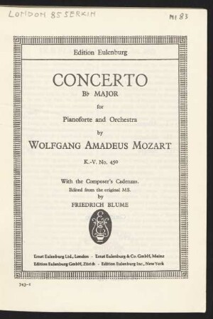 Concerto B♭ major for pianoforte and orchestra : K.-V. No. 450 : with the composer's cadenzas