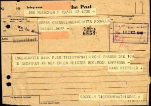 5-10-16-4.0000: Pfitzner, Professor Hans, Generalmusikdirektor, Komponist; diverse Schreiben ff.: Telegramm mit Dank für die Ehrung durch den Schumann-Preis