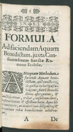 Formula Ad faciendam Aquam Benedictam, iuxta Consuetudinem Sanctae Romanae Ecclesiae.