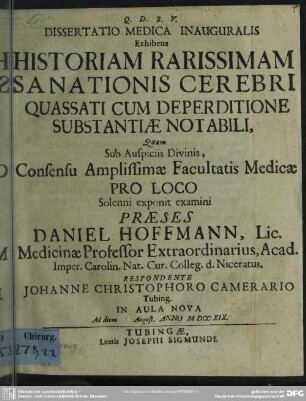 Dissertatio Medica Inauguralis Exhibens Historiam Rarissimam Sanationis Cerebri Quassati Cum Deperditione Substantiae Notabili
