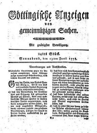 24tes Stück. Sonnabend, den 13ten Junii 1778.