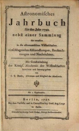 Astronomisches Jahrbuch. 1790 (1787)