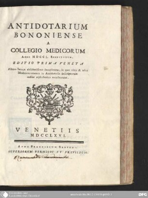 Antidotarium Bononiense a Collegio Medicorum Anno ADCCL restitutum