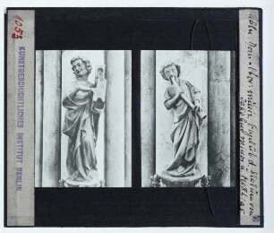 Köln, Dom, Chorpfeilerfiguren (Apostelzyklus) : Engel über der Statuen von Jakobus Minor (links) und von Judas Thaddäus (rechts)