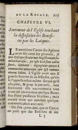 Chapitre VI. Sentiment de l'Eglise touchant la disposition des Benefices par les Laiques.