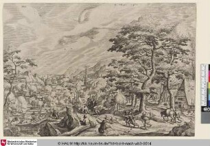 [Landschaft mit Hirschjagd links; Landscape with a stag-hunt at the left]
