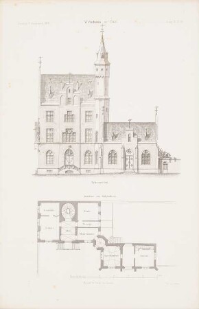 Wohnhaus, Köln: Grundriss, Seitenansicht (aus: Atlas zur Zeitschrift für Bauwesen, hrsg. v. G. Erbkam, Jg. 9, 1859)