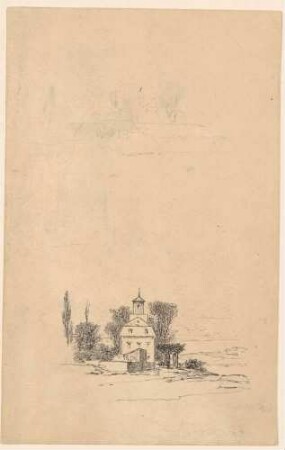 3 kleine Ansichten vom Elbufer bei Dresden: unten Antons (Ausflugsgaststätte, Landschloss und Vorwerk) in Johannstadt, verso Kirche?, Blatt aus einem Skizzenbuch